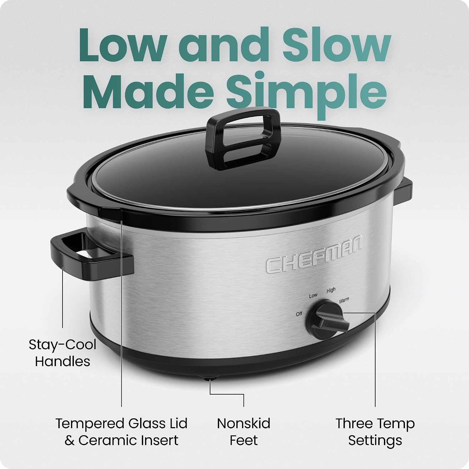 image:imageChefman Triple Slow Cooker amp Food Warmer Three Crock Slowcooker with 25 Qt Ceramic Crocks 75Quart Total Capacity PFASFree Three Temperature Settings DishwasherSafe Parts Stainless Steel7 Quarts