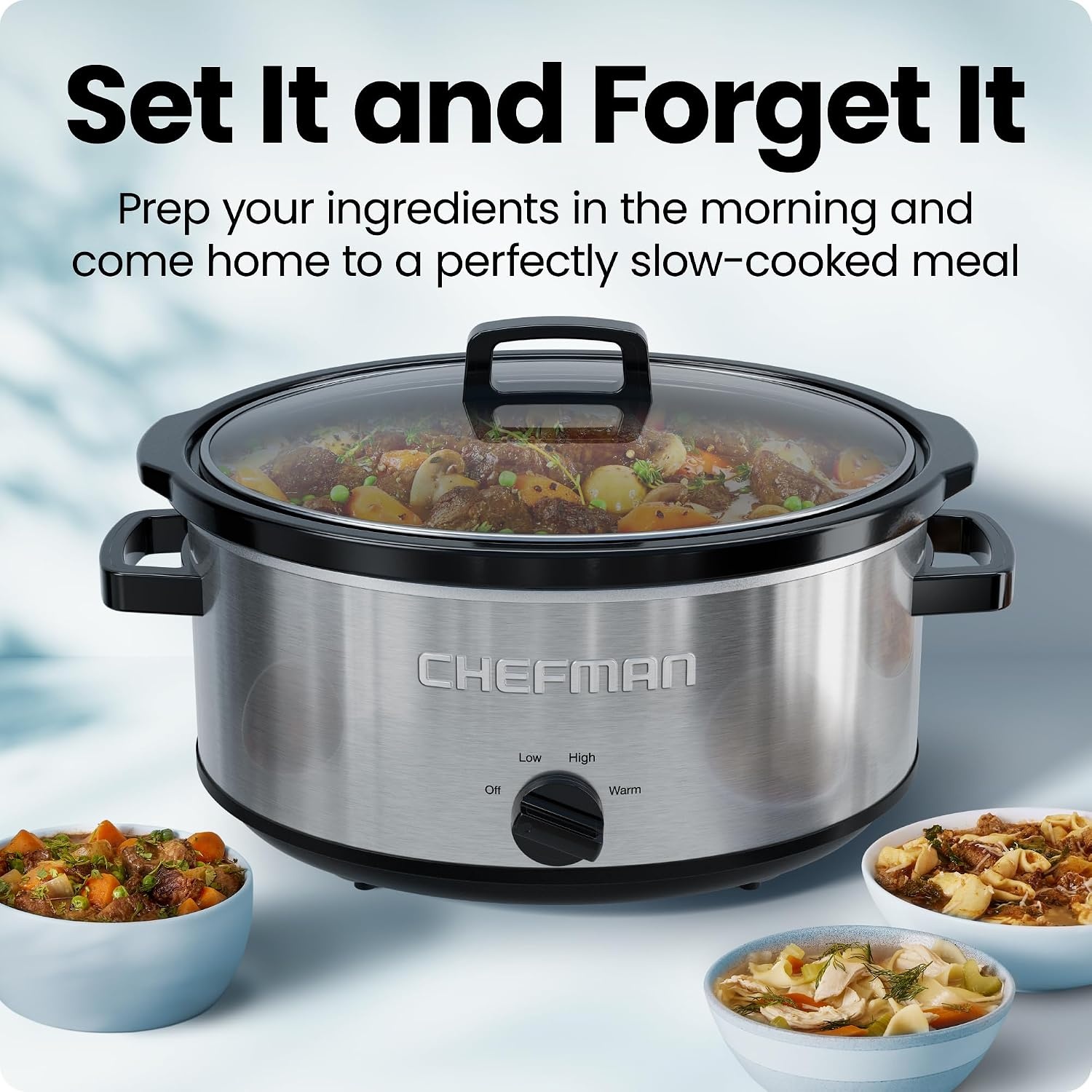 image:imageChefman Triple Slow Cooker amp Food Warmer Three Crock Slowcooker with 25 Qt Ceramic Crocks 75Quart Total Capacity PFASFree Three Temperature Settings DishwasherSafe Parts Stainless Steel7 Quarts