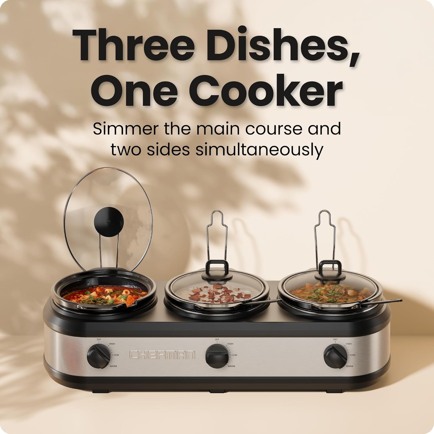 image:imageChefman Triple Slow Cooker amp Food Warmer Three Crock Slowcooker with 25 Qt Ceramic Crocks 75Quart Total Capacity PFASFree Three Temperature Settings DishwasherSafe Parts Stainless Steel75 Quarts