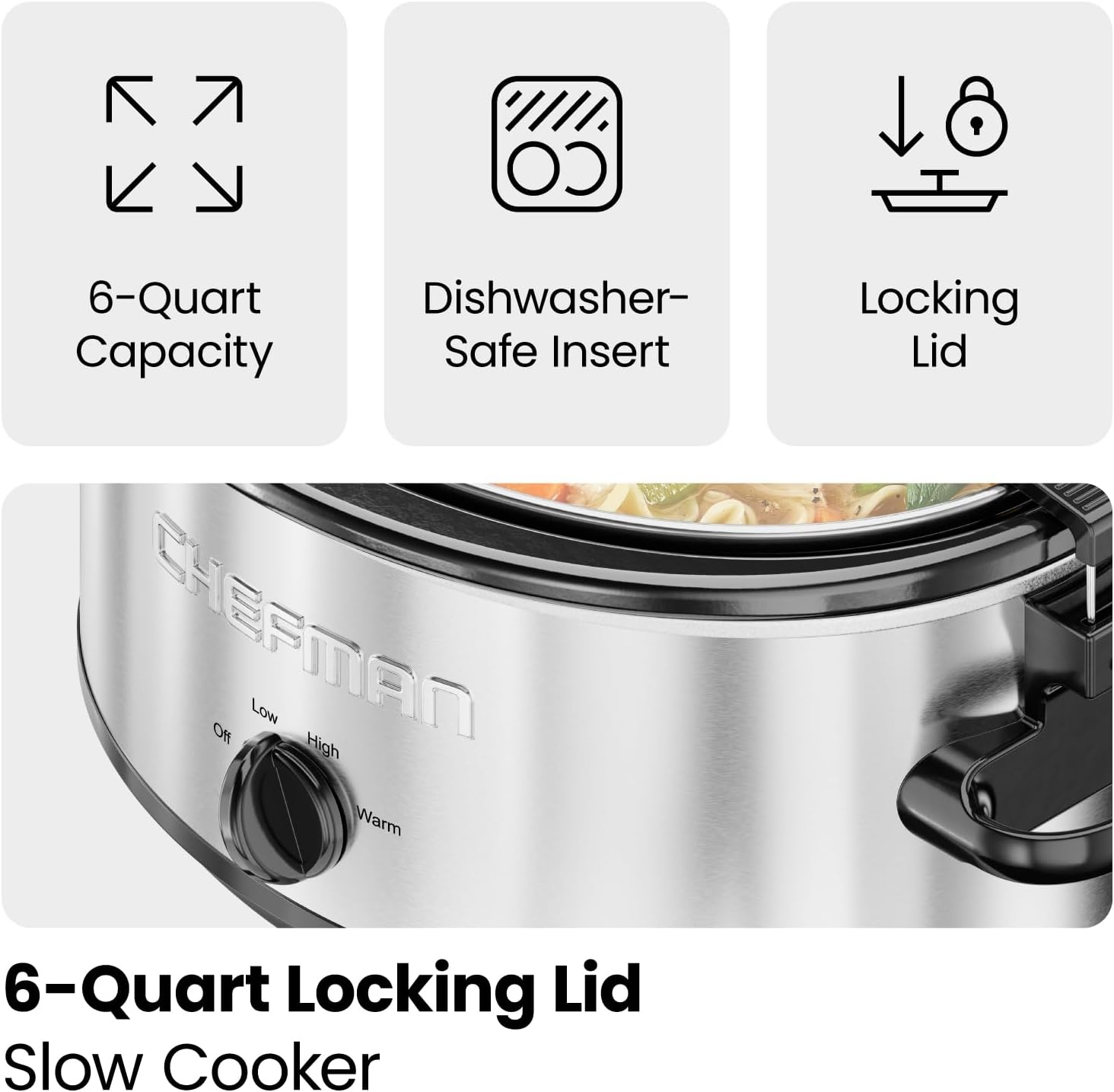 image:imageChefman Triple Slow Cooker amp Food Warmer Three Crock Slowcooker with 25 Qt Ceramic Crocks 75Quart Total Capacity PFASFree Three Temperature Settings DishwasherSafe Parts Stainless Steel6 Quarts