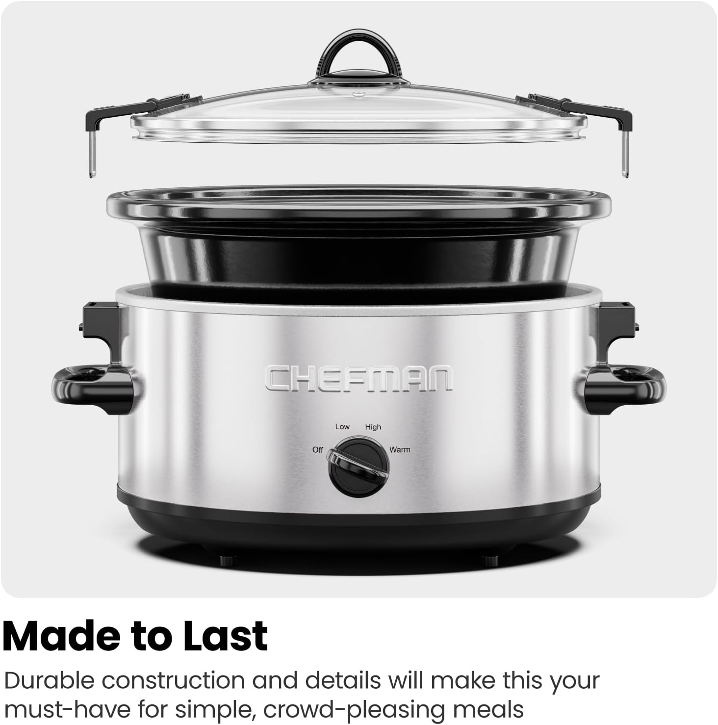 image:imageChefman Triple Slow Cooker amp Food Warmer Three Crock Slowcooker with 25 Qt Ceramic Crocks 75Quart Total Capacity PFASFree Three Temperature Settings DishwasherSafe Parts Stainless Steel6 Quarts