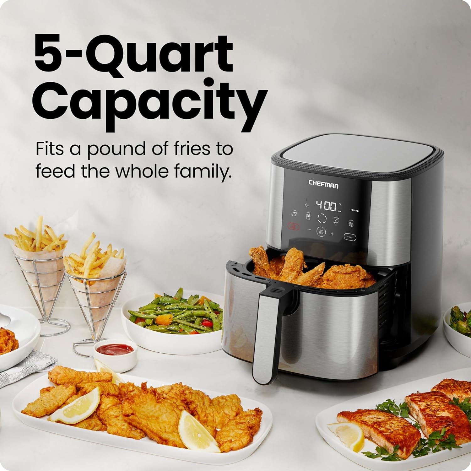image:imageChefman TurboFry Touch Air Fryer Large 5Quart Family Size One Touch Digital Control Presets French Fries Chicken Meat Fish Nonstick DishwasherSafe Parts Automatic Shutoff Stainless Steel