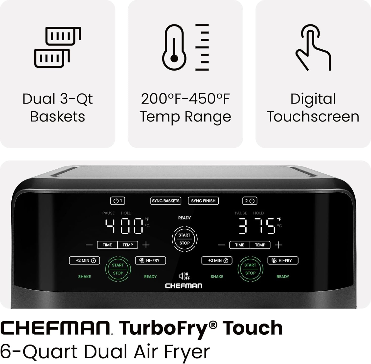 image:imageChefman TurboFry Touch Dual Air Fryer Maximize The Healthiest Meals With Double Basket Capacity OneTouch Digital Controls And Shake Reminder For The Perfect Crispy And LowCalorie Finish6 Quart No Window
