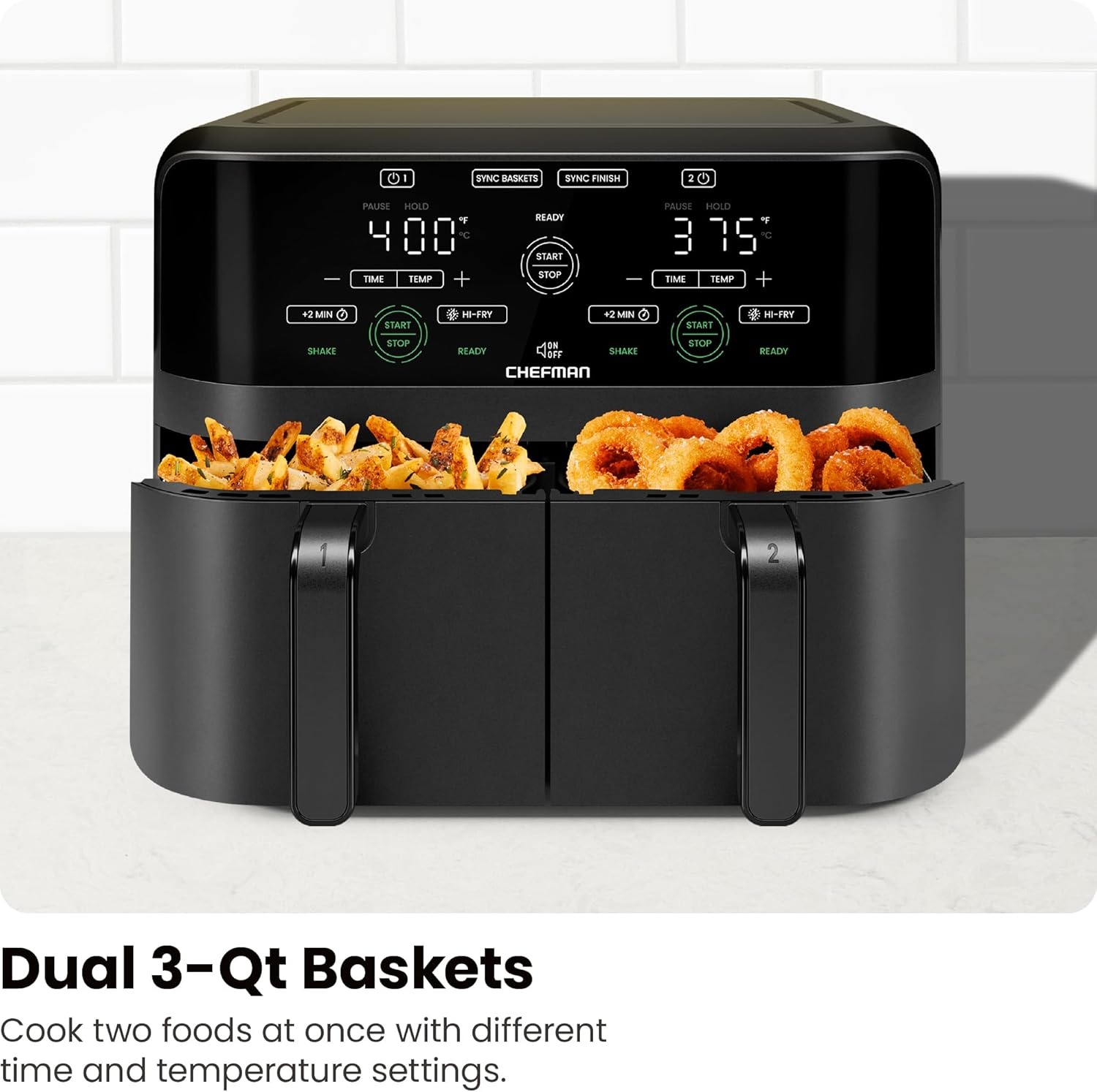 image:imageChefman TurboFry Touch Dual Air Fryer Maximize The Healthiest Meals With Double Basket Capacity OneTouch Digital Controls And Shake Reminder For The Perfect Crispy And LowCalorie Finish6 Quart No Window