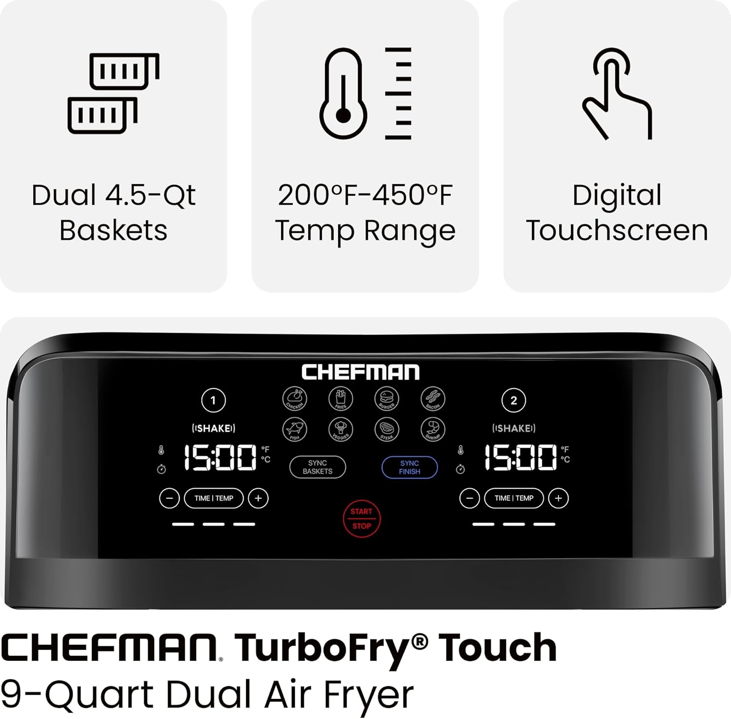 image:imageChefman TurboFry Touch Dual Air Fryer Maximize The Healthiest Meals With Double Basket Capacity OneTouch Digital Controls And Shake Reminder For The Perfect Crispy And LowCalorie Finish9 Quart No Window