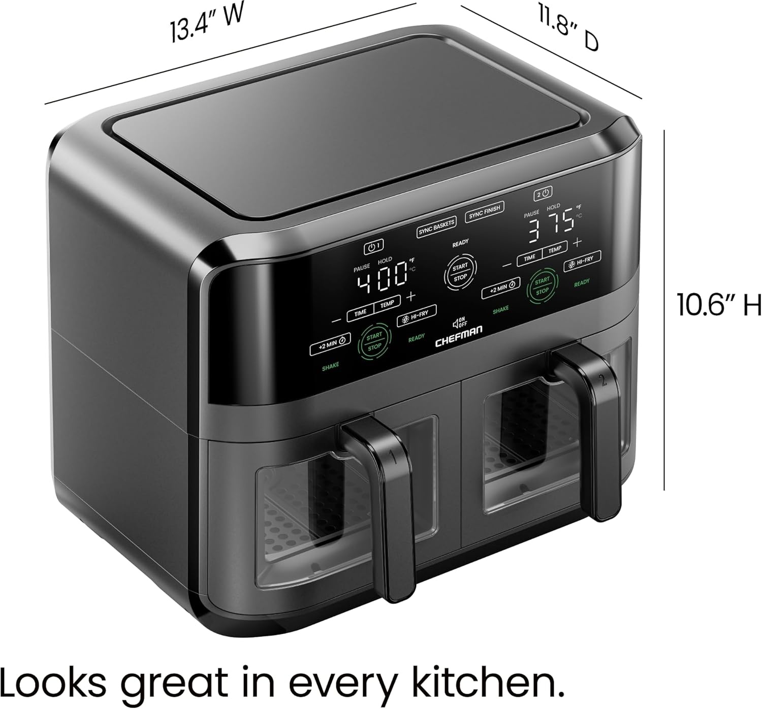 image:imageChefman TurboFry Touch Dual Air Fryer Maximize The Healthiest Meals With Double Basket Capacity OneTouch Digital Controls And Shake Reminder For The Perfect Crispy And LowCalorie Finish6 Quart Window