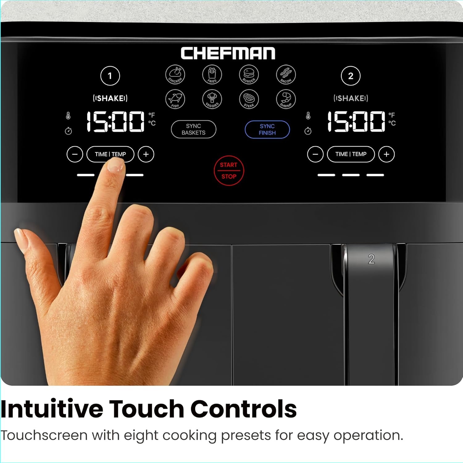 image:imageChefman TurboFry Touch Dual Air Fryer Maximize The Healthiest Meals With Double Basket Capacity OneTouch Digital Controls And Shake Reminder For The Perfect Crispy And LowCalorie Finish9 Quart No Window