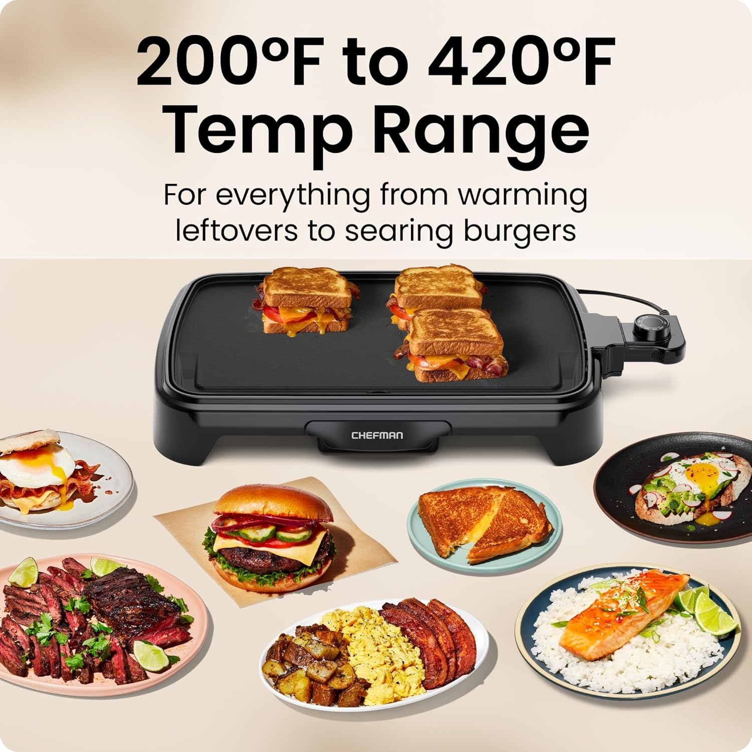 image:imageChefman XL Electric Griddle with Removable Temperature Control Immersible Flat Top Grill Burger Eggs Pancake Griddle Nonstick Extra Large Cooking Surface Slide Out Drip Tray 10 x 20 Inch10 x 16