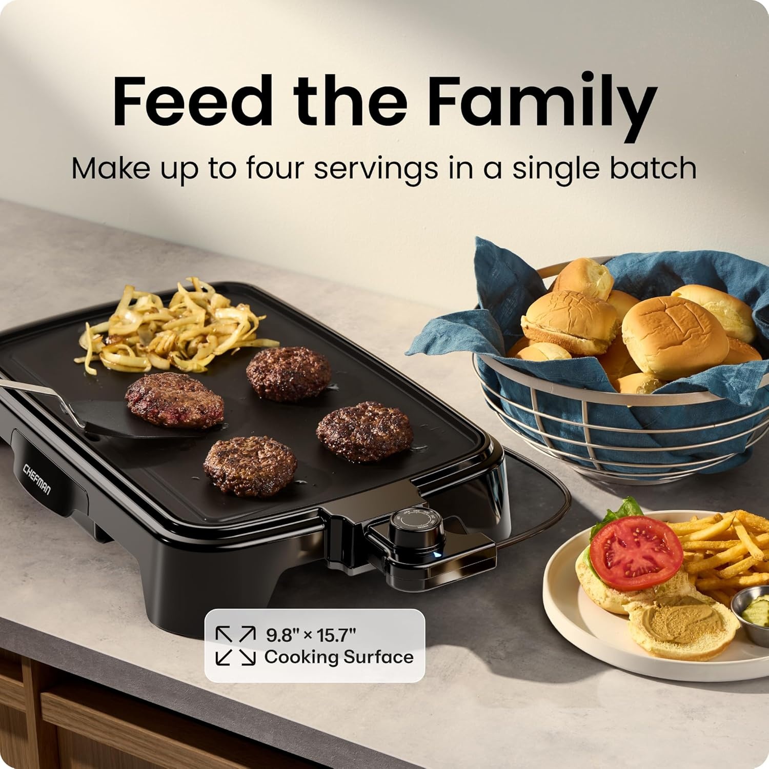 image:imageChefman XL Electric Griddle with Removable Temperature Control Immersible Flat Top Grill Burger Eggs Pancake Griddle Nonstick Extra Large Cooking Surface Slide Out Drip Tray 10 x 20 Inch10 x 16
