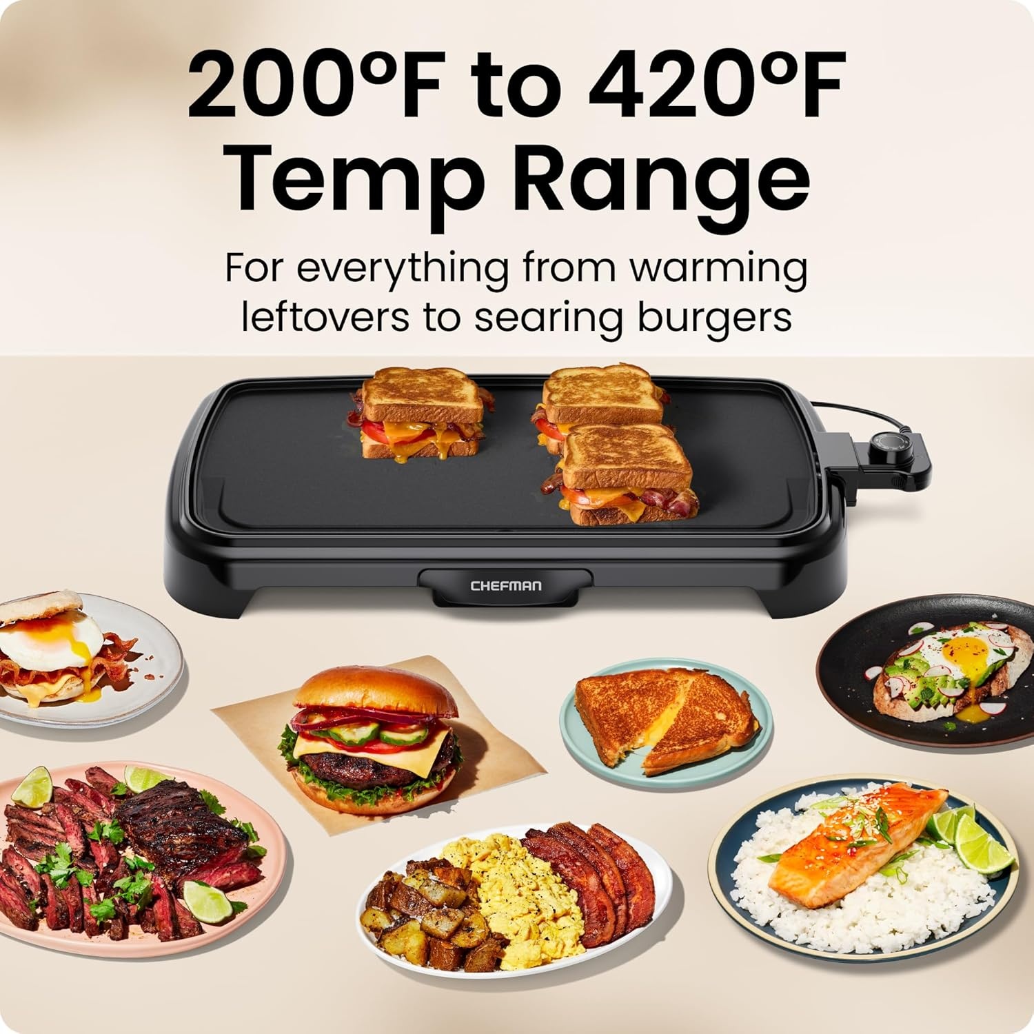 image:imageChefman XL Electric Griddle with Removable Temperature Control Immersible Flat Top Grill Burger Eggs Pancake Griddle Nonstick Extra Large Cooking Surface Slide Out Drip Tray 10 x 20 Inch10 x 20