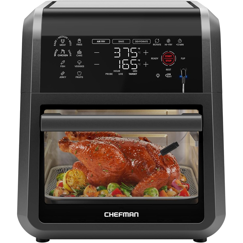 image:imageCHEFMAN ExacTemp 12 Quart 5in1 Air Fryer with Integrated Smart Cooking Thermometer 28 Touchscreen Presets Rotisserie Dehydrator Bake XL Convection Oven with Auto Shutoff Black