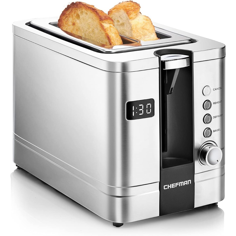 image:imageChefman 2Slice Digital Toaster PopUp Stainless Steel ExtraWide Slots For Bagels Defrost Reheat Cancel Functions Removable Crumb Tray