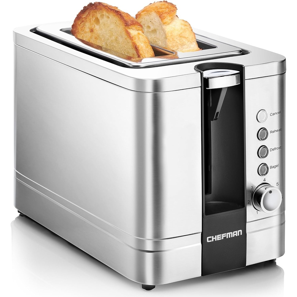 image:imageChefman 2Slice PopUp Stainless Steel Toaster w 7 Shade Settings Extra Wide Slots for Toasting Bagels DefrostReheatCancel Functions Removable Crumb Tray 850W 120V Silver