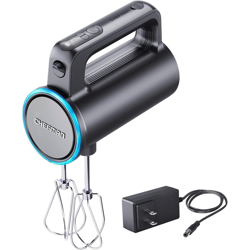 image:imageChefman Cordless Hand Mixer 7 Speed Electric Handheld Kitchen Food Mixer Easily Whisk Eggs Whip Cream or Mix Cookie Dough Digital Display Dishwasher Safe Parts and LED Charge Indicator LightCordless Hand Mixer