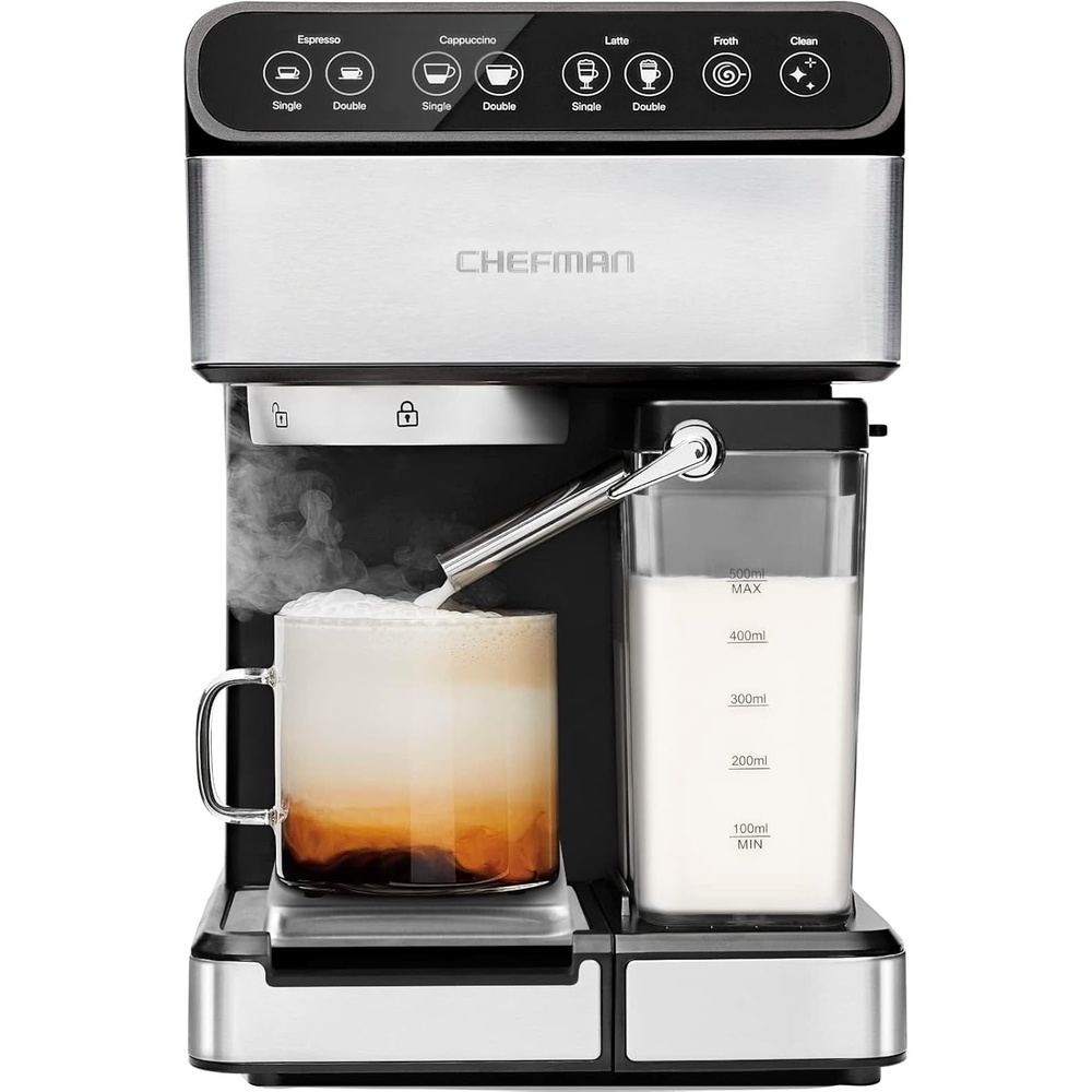 image:imageChefman Crema Deluxe Espresso Machine with Double Boiler Use Milk Frother and Brew Espresso Simultaneously Professional Coffee Maker with Coffee Grinder and Steam Wand 30 Grind SettingsCompact