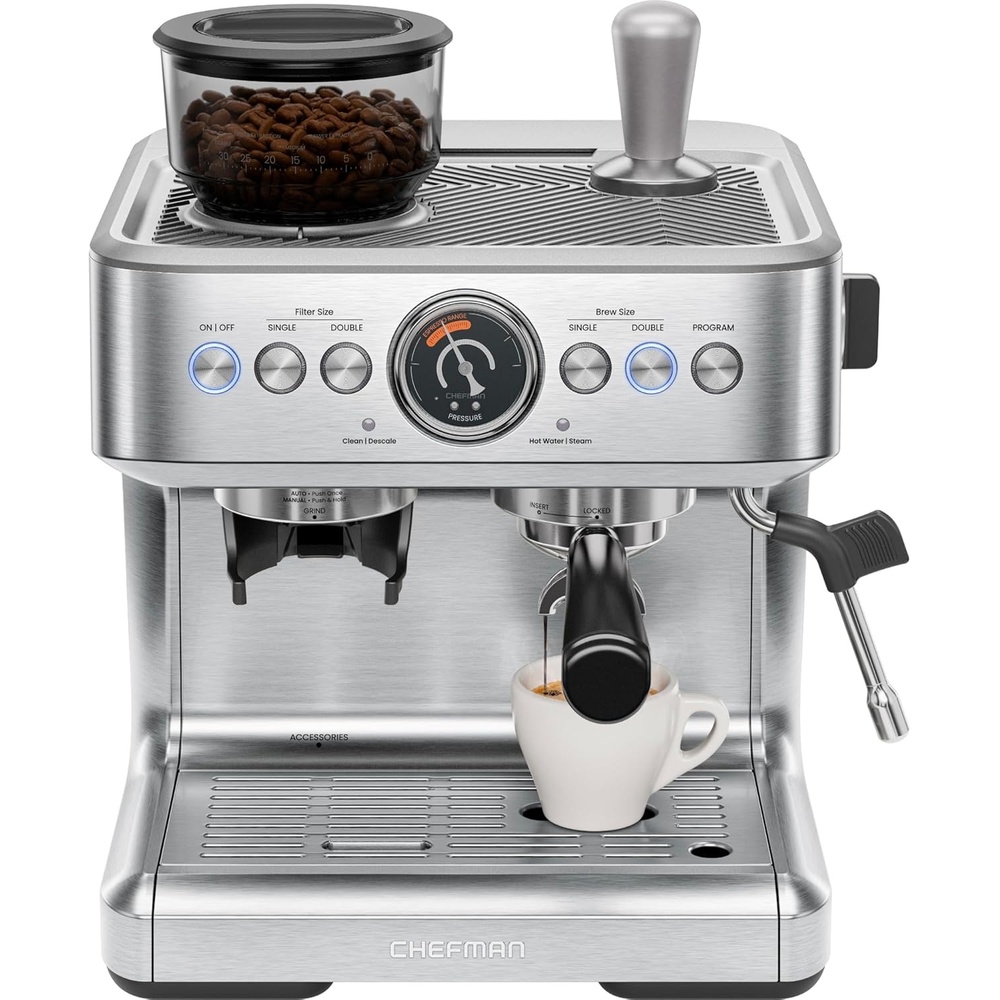 image:imageChefman Crema Supreme 15 Bar Espresso Machine with Milk Frother Barista Steam Wand Professional Coffee Maker with Coffee Grinder 30 Grind Settings 3L Removable Water Tank Stainless SteelLarge