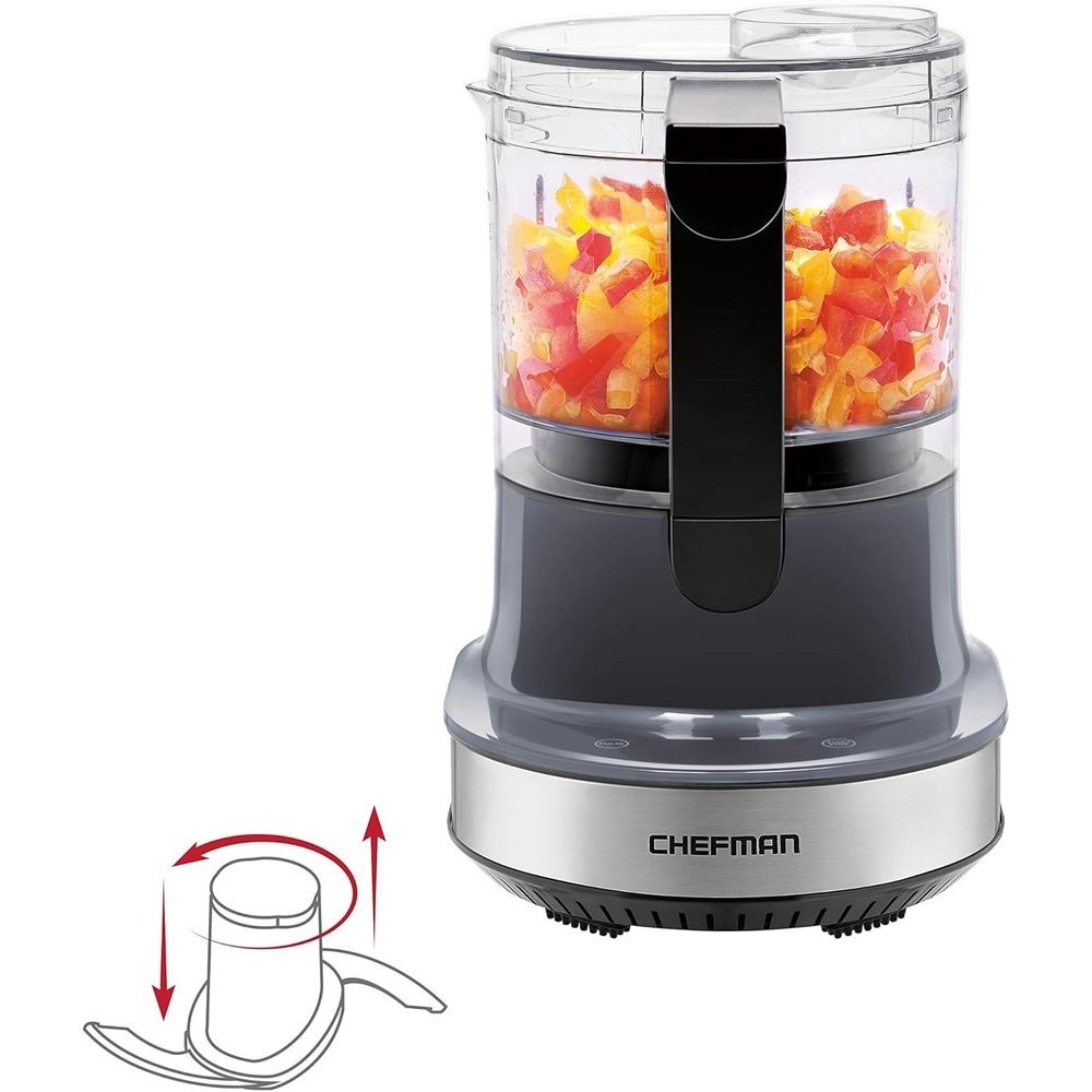 image:imageChefman Electric 4Cup Food Chopper Blender with Revolutionary Vertical Motion AutoChopping for Perfectly Even Mixing Results DishwasherSafe Stainless Steel Dual Blades BPAFree Bowl amp Lid BlackGray