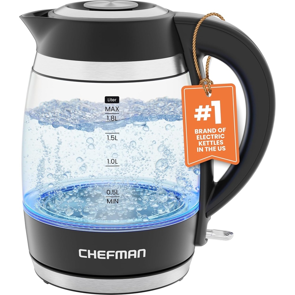 image:imageChefman Electric Kettle 18L 1500W Hot Water Boiler Removable Lid for Easy Cleaning Auto Shut Off BoilDry Protection Stainless Steel Filter BPA Free Borosilicate Glass Electric Tea KettleBlack