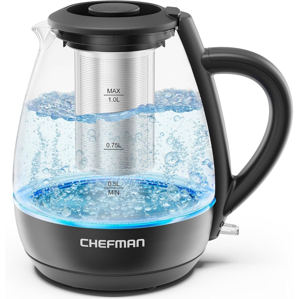 image:imageChefman Electric Kettle with Tea Infuser Compact 1L 4 Cups 1500W Removable Lid for Easy Cleaning BoilDry Protection Stainless Steel Filter BPA Free Auto Shut Off Small Electric Tea KettleBlack