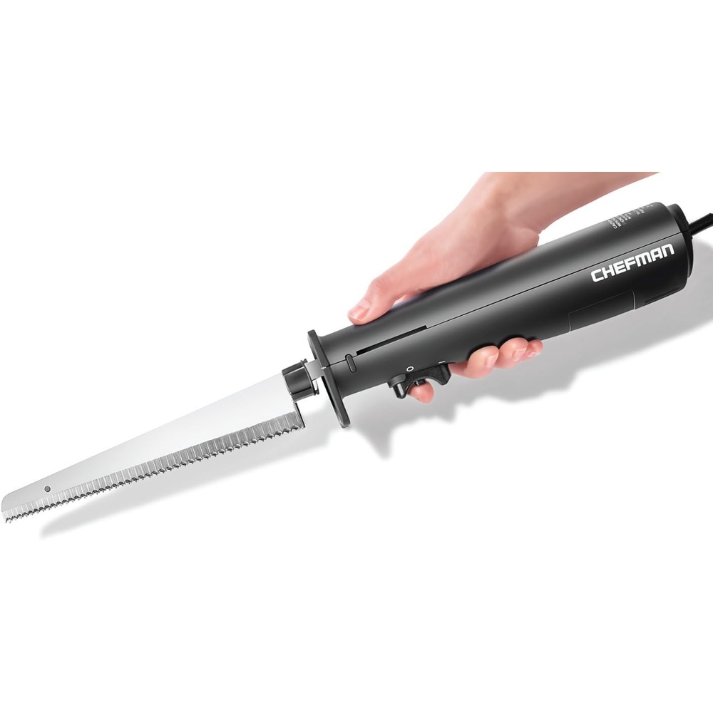 image:imageChefman Electric Knife with Bonus Carving Fork amp Space Saving Storage Case Included One Touch Durable 8 Inch Stainless Steel Blades Rubberized Black Handle BPA Free 120 Volts and Watts
