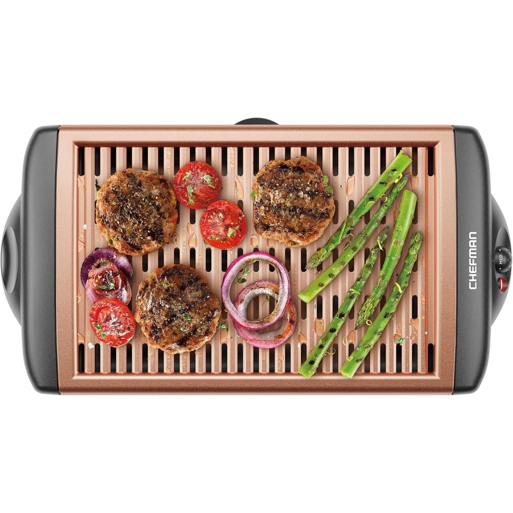 image:imageChefman Electric Smokeless Indoor Grill w NonStick Cooking Surface amp Adjustable Temperature Knob from Warm to Sear for Customized BBQing Dishwasher Safe Removable Water Tray BlackCopper