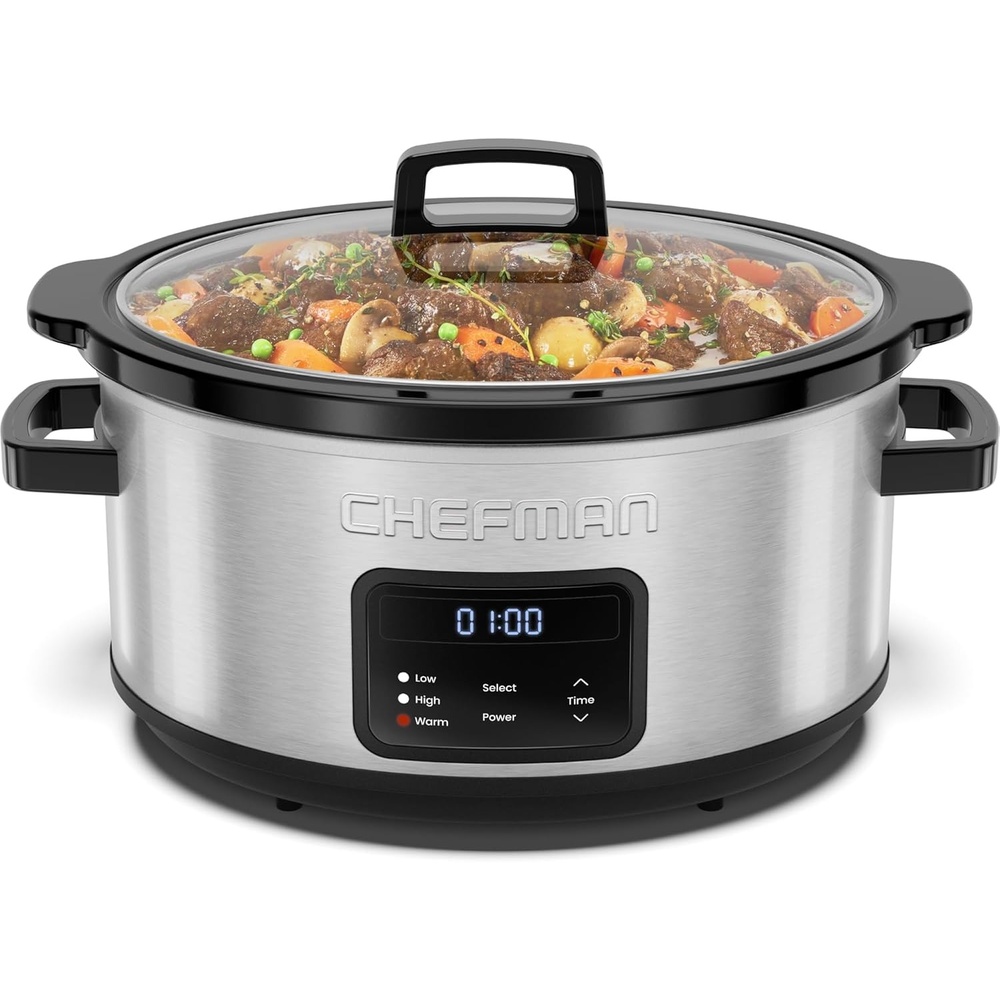 image:imageChefman Slow Cooker 7 Quart Large Family Size Programmable Digital Slow Cooker with 24Hour Timer Low High amp Warm Settings Ceramic Crock Tempered Glass Lid DishwasherSafe Stainless Steel7 Quart