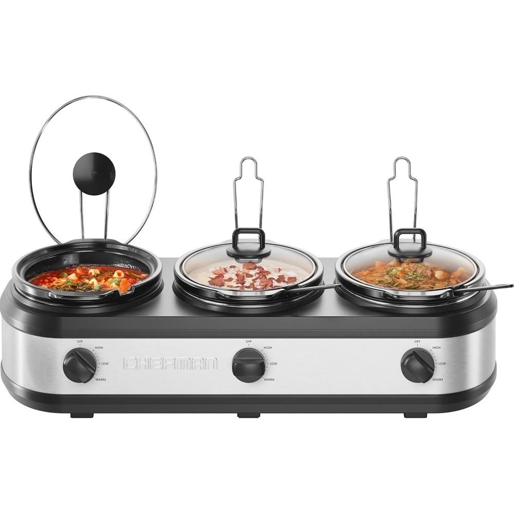 image:imageChefman Triple Slow Cooker amp Food Warmer Three Crock Slowcooker with 25 Qt Ceramic Crocks 75Quart Total Capacity PFASFree Three Temperature Settings DishwasherSafe Parts Stainless Steel75 Quarts