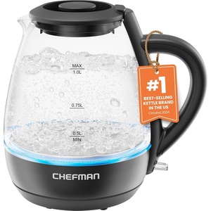 Chefman 1L Electric Tea Kettle with LED Lights, Automatic Shut Off, Removable Lid, Boil-Dry Protection, Hot Water Electric Kettle Water Boiler, Electric Kettles for Boiling Water(1L – Glass Electric Kettle)