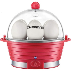 Chefman Egg-Maker Rapid Poacher, Food & Vegetable Steamer, Quickly Makes Up to 6, Hard, Medium or Soft Boiled, Poaching/Omelet Tray Included, Ready Signal, BPA-Free, BLACK(Red)