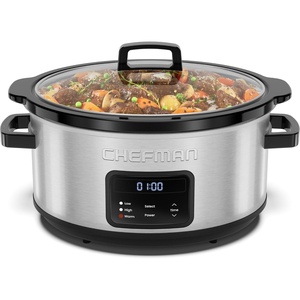 Chefman Slow Cooker 7 Quart, Large Family Size Programmable Digital Slow Cooker with 24-Hour Timer, Low, High & Warm Settings, Ceramic Crock, Tempered Glass Lid, Dishwasher-Safe, Stainless Steel(7 Quart)