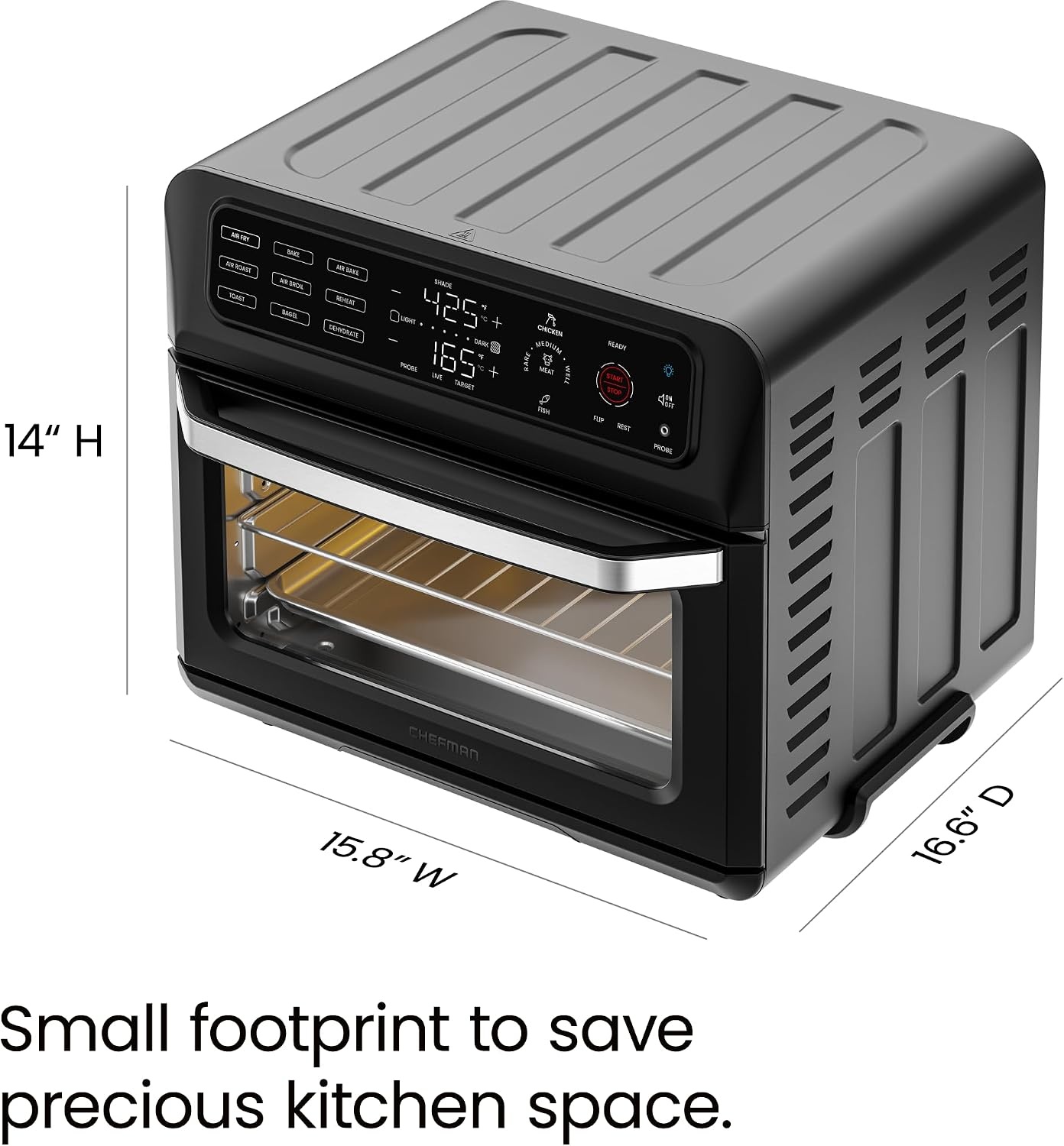 image:imageChefman Air Fryer Toaster Oven Combo with Probe Thermometer 12In1 Stainless Steel Convection Countertop 10 Inch Pizza 4 Slices of Toast Cooking Baking Toasting Roaster Oven Airfryer 20QTStainless Black