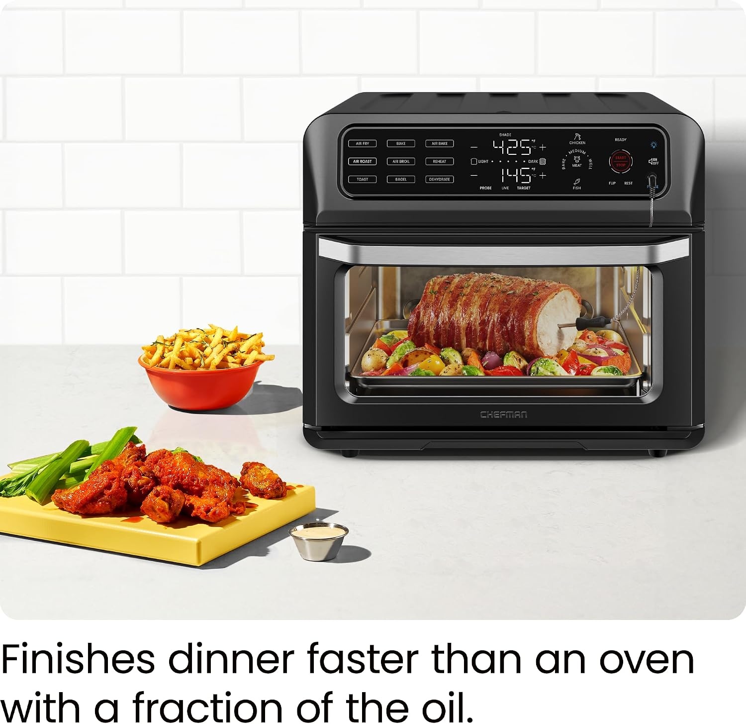 image:imageChefman Air Fryer Toaster Oven Combo with Probe Thermometer 12In1 Stainless Steel Convection Countertop 10 Inch Pizza 4 Slices of Toast Cooking Baking Toasting Roaster Oven Airfryer 20QTStainless Black