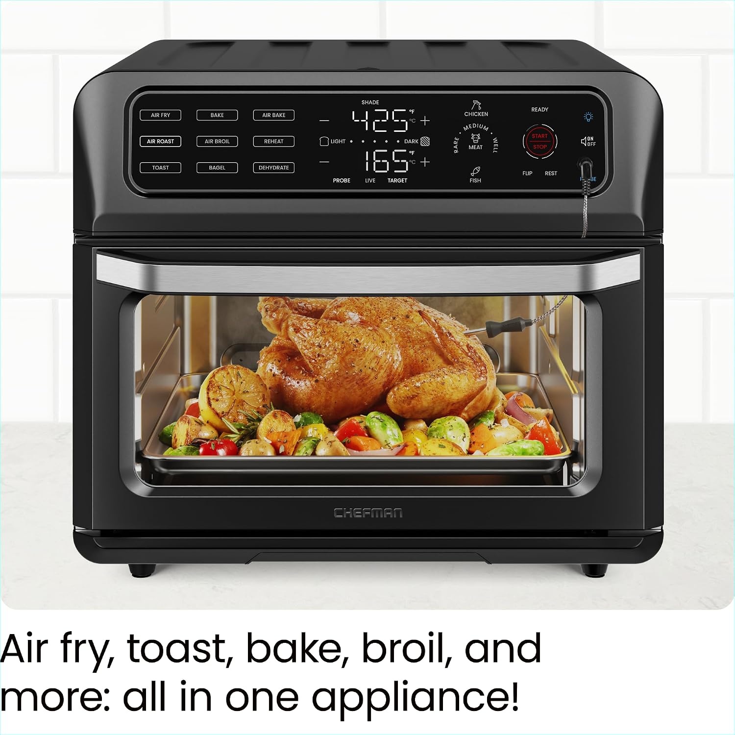 image:imageChefman Air Fryer Toaster Oven Combo with Probe Thermometer 12In1 Stainless Steel Convection Countertop 10 Inch Pizza 4 Slices of Toast Cooking Baking Toasting Roaster Oven Airfryer 20QTStainless Black
