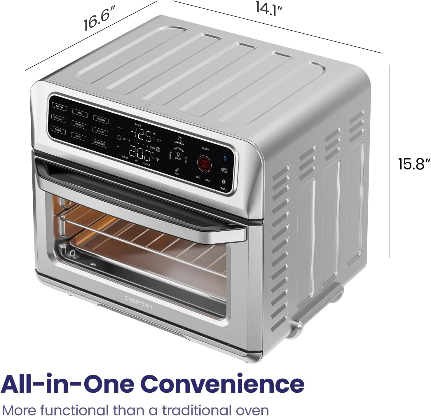 image:imageChefman Air Fryer Toaster Oven Combo with Probe Thermometer 12In1 Stainless Steel Convection Countertop 10 Inch Pizza 4 Slices of Toast Cooking Baking Toasting Roaster Oven Airfryer 20QTStainless Steel