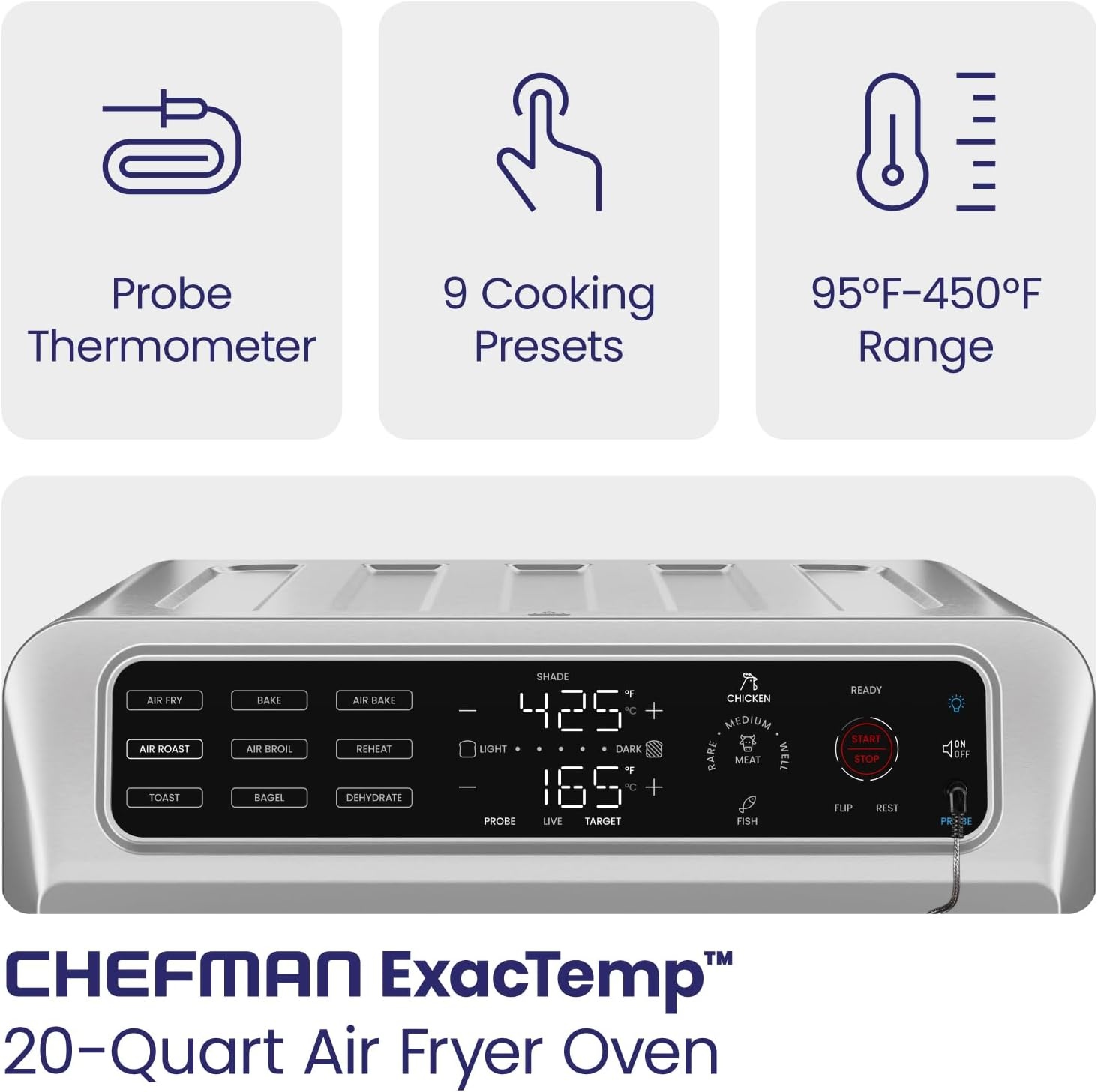 image:imageChefman Air Fryer Toaster Oven Combo with Probe Thermometer 12In1 Stainless Steel Convection Countertop 10 Inch Pizza 4 Slices of Toast Cooking Baking Toasting Roaster Oven Airfryer 20QTStainless Steel