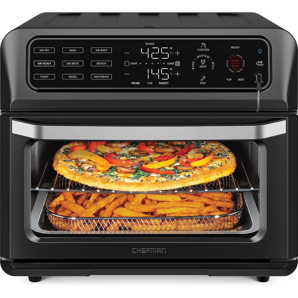 image:imageChefman Air Fryer Toaster Oven Combo with Probe Thermometer 12In1 Stainless Steel Convection Countertop 10 Inch Pizza 4 Slices of Toast Cooking Baking Toasting Roaster Oven Airfryer 20QTStainless Black