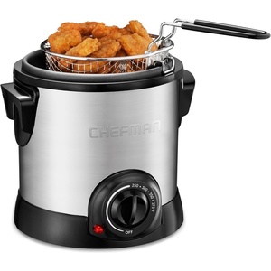 Chefman Fry Guy Deep Fryer with Removable Basket, Easy-to-Clean Non-Stick Coating and Cool-to-Touch Exterior, Adjustable Temperature Control, 4.2 Cup/ 1 Liter Capacity, Stainless Steel(Stainless – 1 Liter)