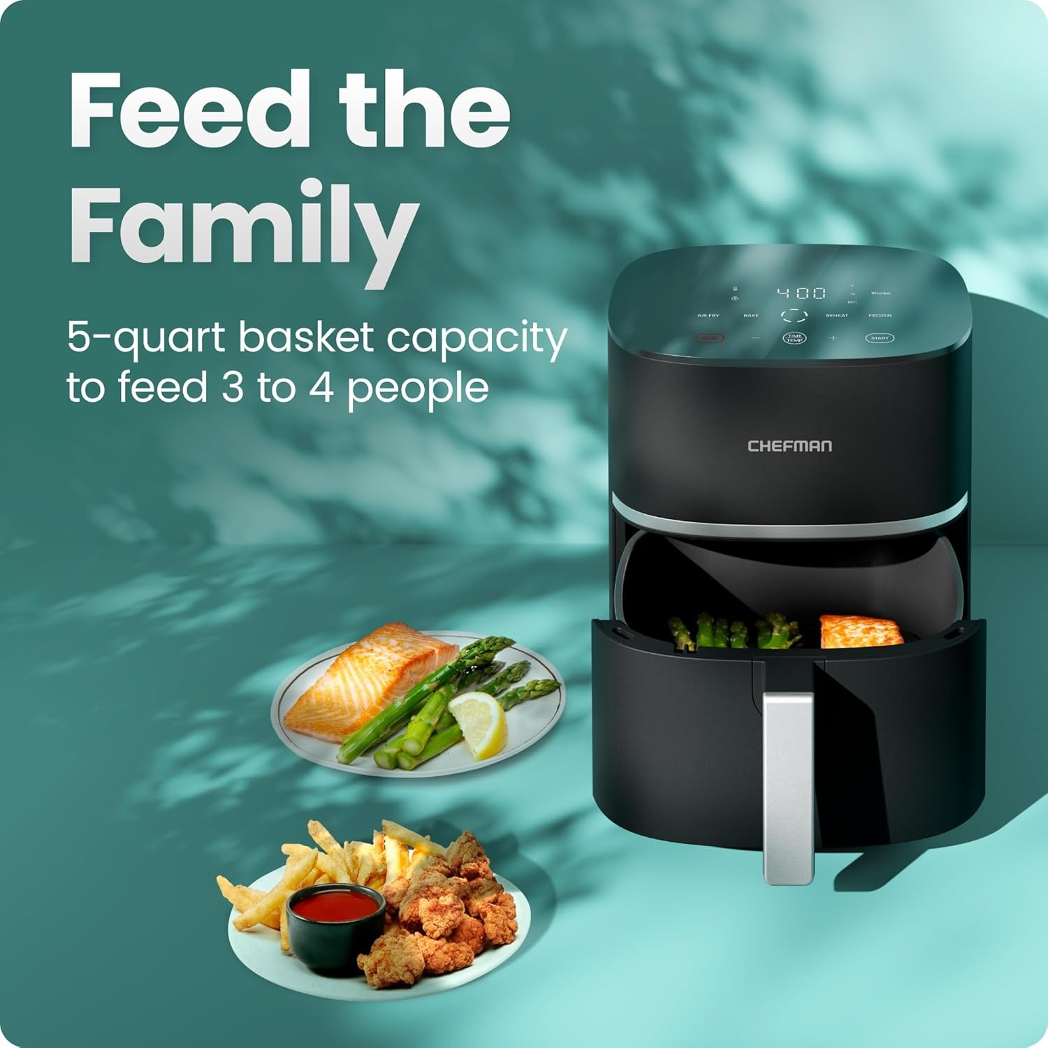 image:imageChefman TurboX 4in1 Air Fryer 5Quart Airfryer for Extra Crispy Chicken Fries Wings and More Air Fry Bake Reheat and Frozen Functions Digital Touch Controls Dishwasher Safe
