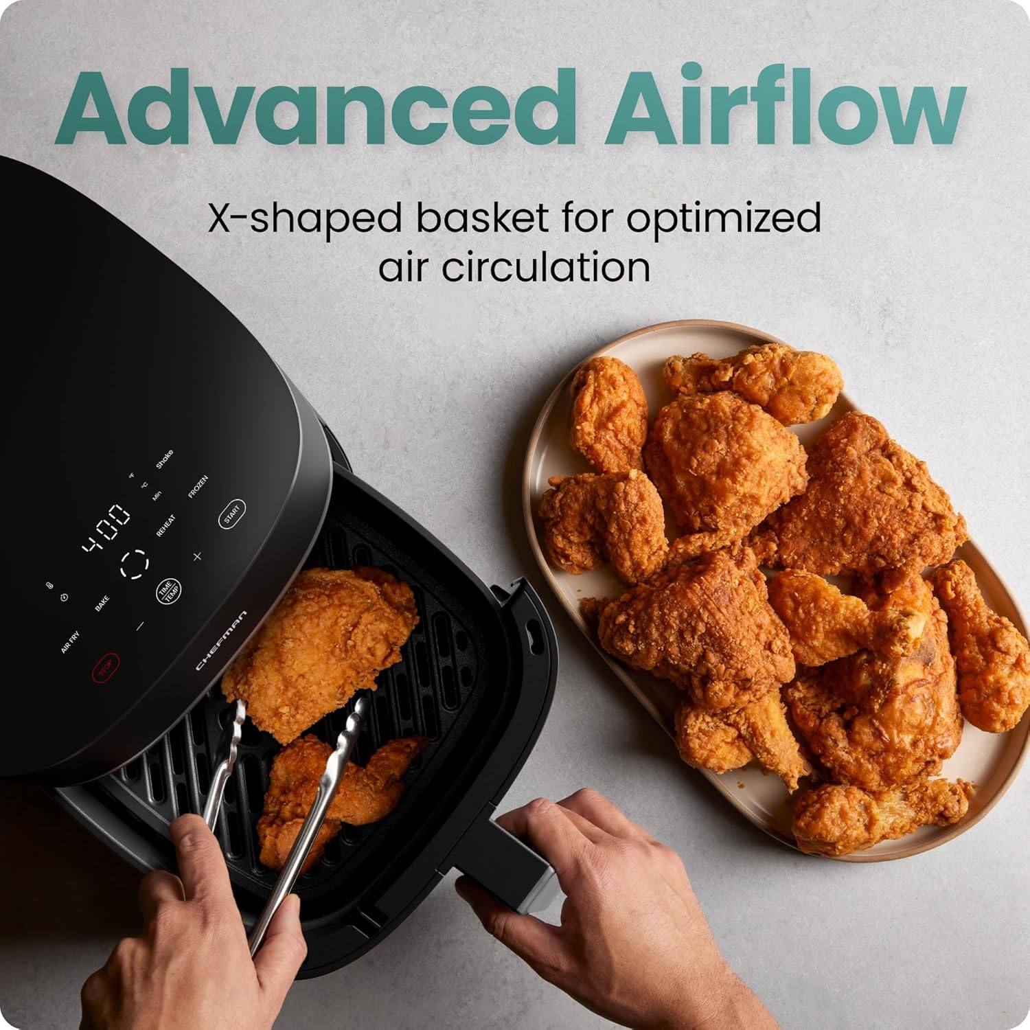 image:imageChefman TurboX 4in1 Air Fryer 5Quart Airfryer for Extra Crispy Chicken Fries Wings and More Air Fry Bake Reheat and Frozen Functions Digital Touch Controls Dishwasher Safe